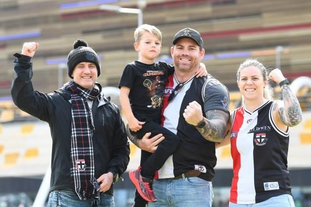 Saints fans show their support during the 2021 AFL Round 19 match between the West Coast Eagles and the St Kilda Saints at Optus Stadium on July 24,...