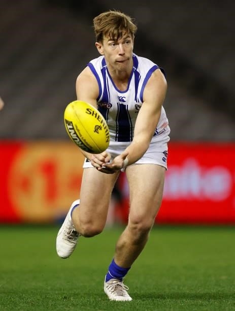 Trent Dumont of the Kangaroos in action during the 2021 AFL Round 19 match between the Carlton Blues and the North Melbourne Kangaroos at Marvel...