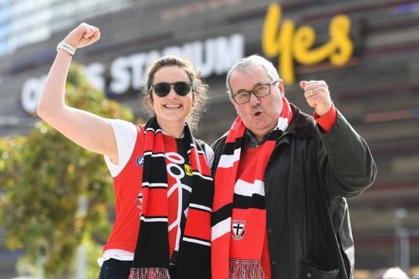Saints fans show their support during the 2021 AFL Round 19 match between the West Coast Eagles and the St Kilda Saints at Optus Stadium on July 24,...