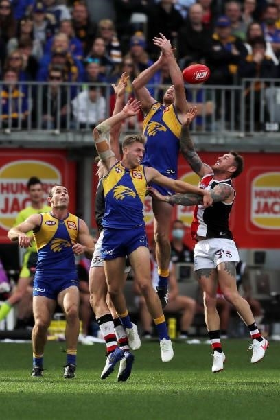 Jeremy McGovern of the Eagles in action during the 2021 AFL Round 19 match between the West Coast Eagles and the St Kilda Saints at Optus Stadium on...