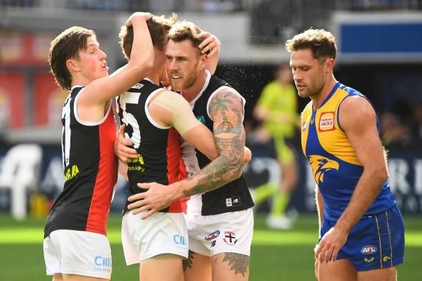 Jack Billings and Tim Membrey of the Saints celebrates a goal during the 2021 AFL Round 19 match between the West Coast Eagles and the St Kilda...