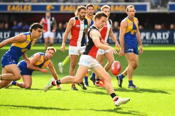 Jack Billings of the Saints kicks on goal during the 2021 AFL Round 19 match between the West Coast Eagles and the St Kilda Saints at Optus Stadium...