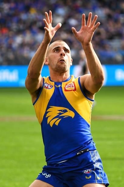 Dom Sheed of the Eagles sets for a mark during the 2021 AFL Round 19 match between the West Coast Eagles and the St Kilda Saints at Optus Stadium on...