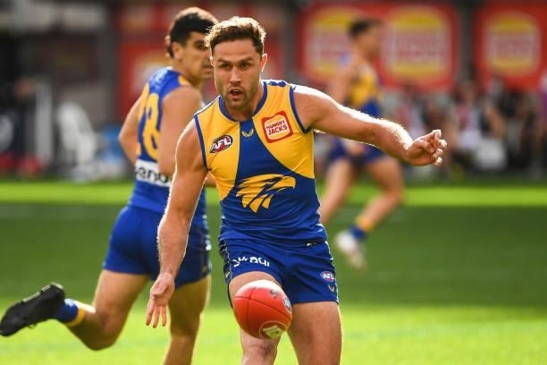 Mark Hutchings of the Eagles kicks the ball during the 2021 AFL Round 19 match between the West Coast Eagles and the St Kilda Saints at Optus Stadium...