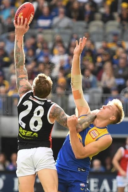 Tim Membrey of the Saints competes for a mark with Oscar Allen of the Eagles during the 2021 AFL Round 19 match between the West Coast Eagles and the...