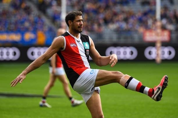 Paddy Ryder of the Saints kicks the ball during the 2021 AFL Round 19 match between the West Coast Eagles and the St Kilda Saints at Optus Stadium on...