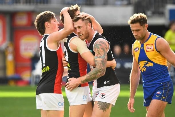 Jack Billings and Tim Membrey of the Saints celebrates a goal during the 2021 AFL Round 19 match between the West Coast Eagles and the St Kilda...