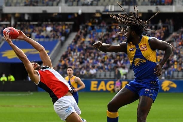 Paddy Ryder of the Saints marks the ball during the 2021 AFL Round 19 match between the West Coast Eagles and the St Kilda Saints at Optus Stadium on...