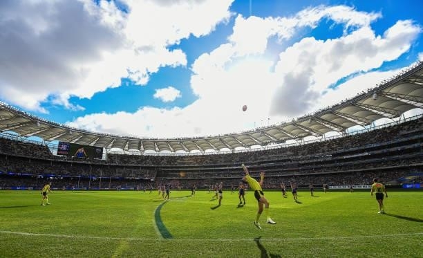 The umpire throws the ball in from the boundary during the 2021 AFL Round 19 match between the West Coast Eagles and the St Kilda Saints at Optus...