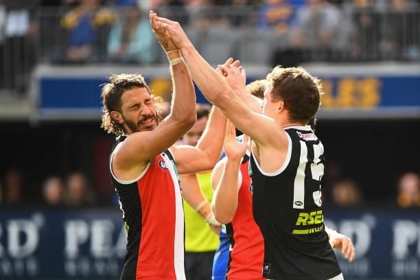 Ben Long and Jack Billings of the Saints celebrates a goal during the 2021 AFL Round 19 match between the West Coast Eagles and the St Kilda Saints...