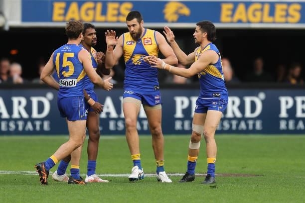 Josh J. Kennedy of the Eagles celebrates after scoring a goal during the 2021 AFL Round 19 match between the West Coast Eagles and the St Kilda...