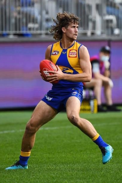 Connor West of the Eagles in action during the 2021 AFL Round 19 match between the West Coast Eagles and the St Kilda Saints at Optus Stadium on July...