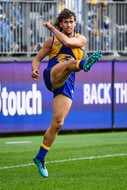 Connor West of the Eagles kicks the ball during the 2021 AFL Round 19 match between the West Coast Eagles and the St Kilda Saints at Optus Stadium on...