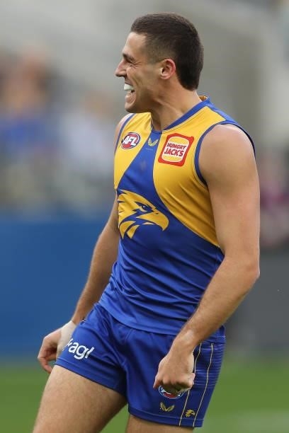 Jake Waterman of the Eagles reacts after missing a shot on goal during the 2021 AFL Round 19 match between the West Coast Eagles and the St Kilda...
