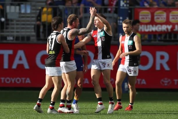 Jack Billings of the Saints celebrates after scoring a goal during the 2021 AFL Round 19 match between the West Coast Eagles and the St Kilda Saints...