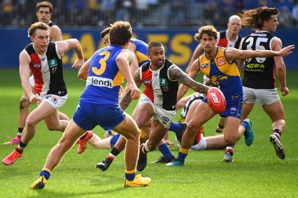 Bradley Hill of the Saints reaches for the ball during the 2021 AFL Round 19 match between the West Coast Eagles and the St Kilda Saints at Optus...