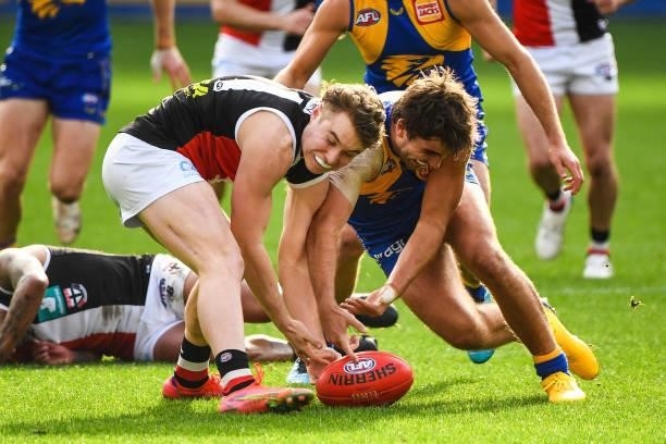 Andrew Gaff of the Eagles dives in for the ball against Ryan Byrnes of the Saints during the 2021 AFL Round 19 match between the West Coast Eagles...
