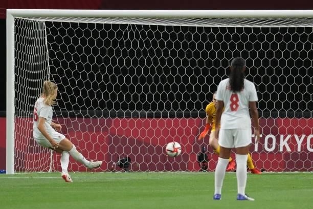Canada's forward Janine Beckie fails to score a penalty shot during the Tokyo 2020 Olympic Games women's group E first round football match between...