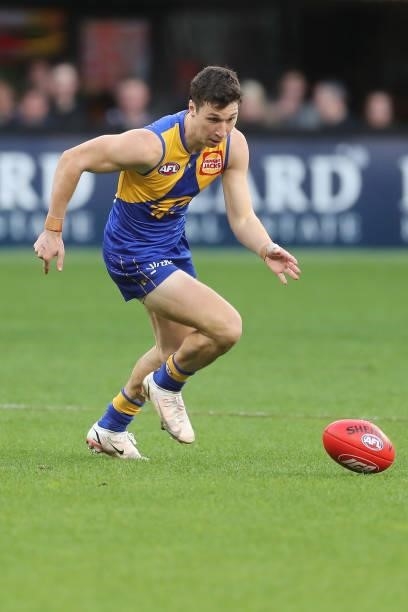 Xavier O'Neill of the Eagles in action during the 2021 AFL Round 19 match between the West Coast Eagles and the St Kilda Saints at Optus Stadium on...