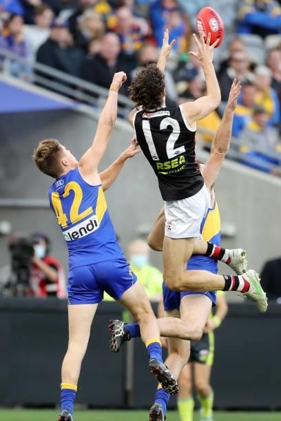 Max King of the Saints takes a mark during the 2021 AFL Round 19 match between the West Coast Eagles and the St Kilda Saints at Optus Stadium on July...