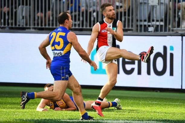 Dan Butler of the Saints kicks on goal during the 2021 AFL Round 19 match between the West Coast Eagles and the St Kilda Saints at Optus Stadium on...