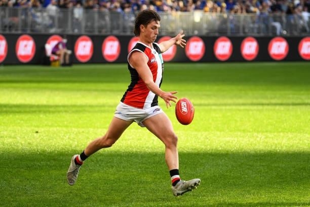 Leo Connolly of the Saints kicks the ball during the 2021 AFL Round 19 match between the West Coast Eagles and the St Kilda Saints at Optus Stadium...