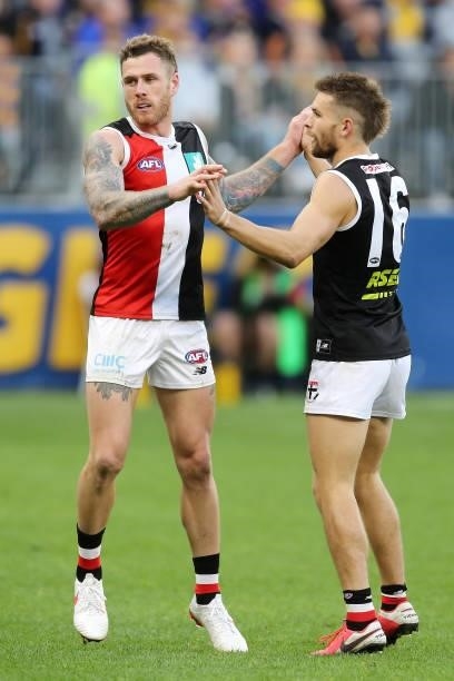 Tim Membrey of the Saints celebrates after scoring a goal during the 2021 AFL Round 19 match between the West Coast Eagles and the St Kilda Saints at...