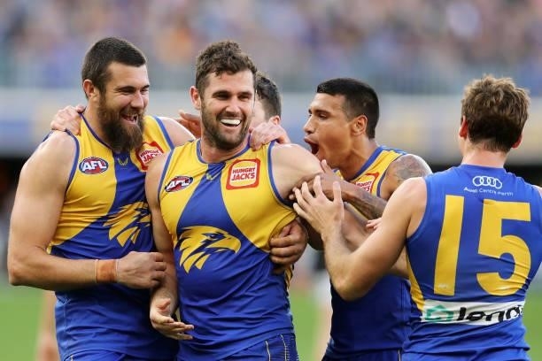 Jack Darling of the Eagles celebrates after scoring a goal during the 2021 AFL Round 19 match between the West Coast Eagles and the St Kilda Saints...