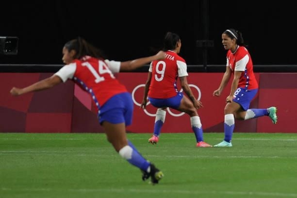 Chile's midfielder Karen Araya celebrates after scoring her team's first goal during the Tokyo 2020 Olympic Games women's group E first round...