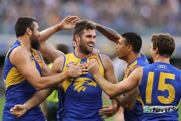 Jack Darling of the Eagles celebrates after scoring a goal during the 2021 AFL Round 19 match between the West Coast Eagles and the St Kilda Saints...