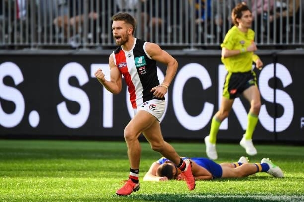 Dan Butler of the Saints celebrates a goal during the 2021 AFL Round 19 match between the West Coast Eagles and the St Kilda Saints at Optus Stadium...