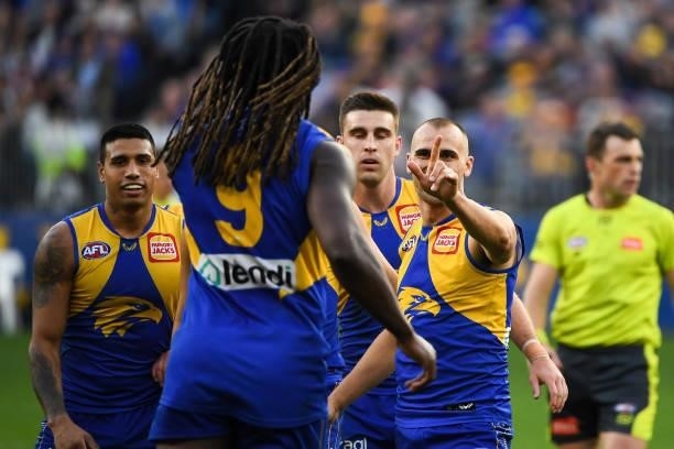 Dom Sheed of the Eagles celebrates a goal during the 2021 AFL Round 19 match between the West Coast Eagles and the St Kilda Saints at Optus Stadium...