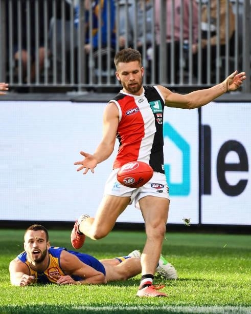 Dan Butler of the Saints kicks on goal during the 2021 AFL Round 19 match between the West Coast Eagles and the St Kilda Saints at Optus Stadium on...