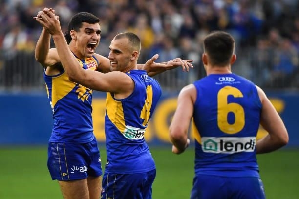 Tom Cole and Dom Sheed of the Eagles celebrates a goal during the 2021 AFL Round 19 match between the West Coast Eagles and the St Kilda Saints at...
