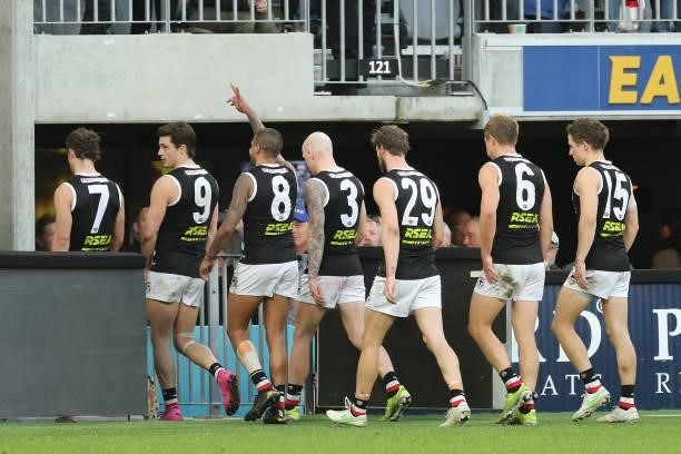 The Saints leave the field after the teams defeat during the 2021 AFL Round 19 match between the West Coast Eagles and the St Kilda Saints at Optus...