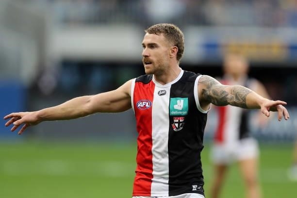 Dean Kent of the Saints during the 2021 AFL Round 19 match between the West Coast Eagles and the St Kilda Saints at Optus Stadium on July 24, 2021 in...