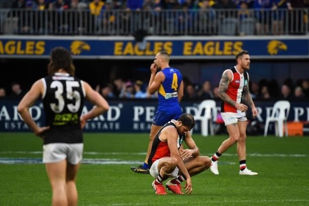 Paddy Ryder of the Saints looks dejected after a loss during the 2021 AFL Round 19 match between the West Coast Eagles and the St Kilda Saints at...