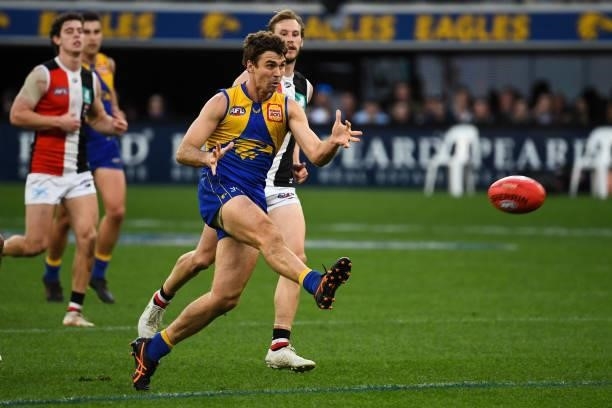 Jamie Cripps of the Eagles kicks the ball during the 2021 AFL Round 19 match between the West Coast Eagles and the St Kilda Saints at Optus Stadium...