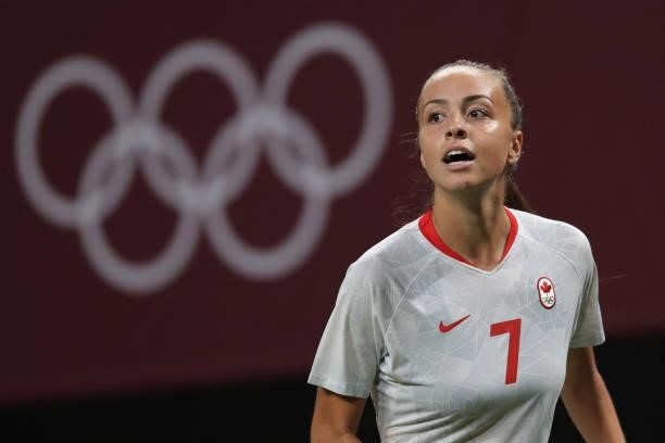 Canada's midfielder Julia Grosso looks on during the Tokyo 2020 Olympic Games women's group E first round football match between Chile and Canada at...