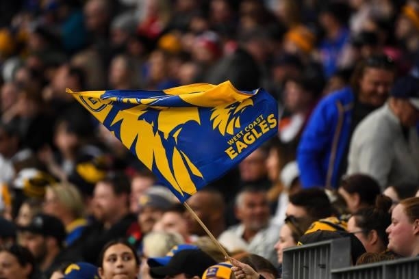 Eagles fans show their support during the 2021 AFL Round 19 match between the West Coast Eagles and the St Kilda Saints at Optus Stadium on July 24,...