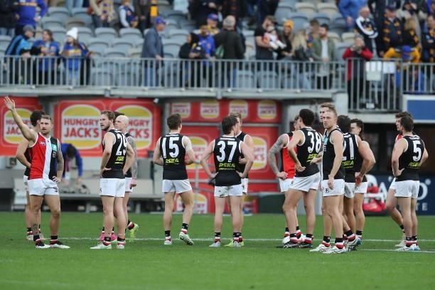 The Saints leave the field after the teams defeat during the 2021 AFL Round 19 match between the West Coast Eagles and the St Kilda Saints at Optus...
