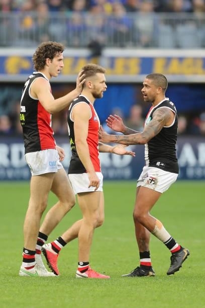 Dan Butler of the Saints celebrates after scoring a goal during the 2021 AFL Round 19 match between the West Coast Eagles and the St Kilda Saints at...