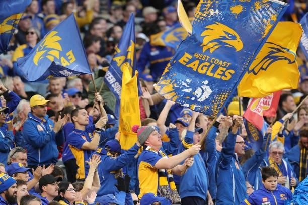 The Eagles cheer squad celebrate a goal during the 2021 AFL Round 19 match between the West Coast Eagles and the St Kilda Saints at Optus Stadium on...
