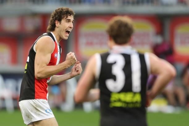 Max King of the Saints celebrates after scoring a goal during the 2021 AFL Round 19 match between the West Coast Eagles and the St Kilda Saints at...