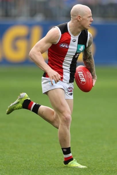 Zak Jones of the Saints looks to pass the ball during the 2021 AFL Round 19 match between the West Coast Eagles and the St Kilda Saints at Optus...