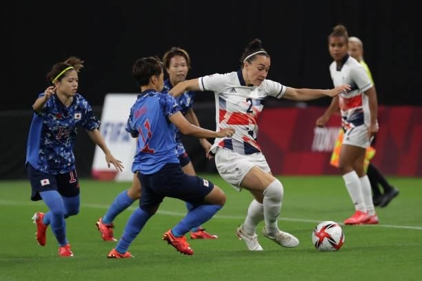 Britain's defender Lucy Bronze controls the ball during the Tokyo 2020 Olympic Games women's group E first round football match between Japan and...