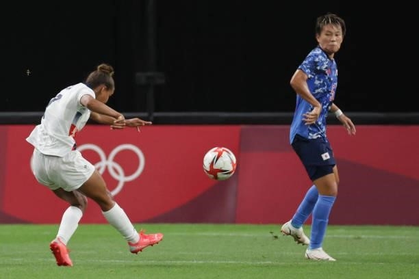 Britain's forward Nikita Parris shoots and fails to score during the Tokyo 2020 Olympic Games women's group E first round football match between...