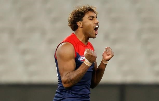 Kysaiah Pickett of the Demons celebrates a goal during the 2021 AFL Round 19 match between the Melbourne Demons and the Western Bulldogs at the...