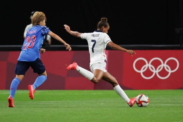 Britain's forward Nikita Parris shoots and fails to score during the Tokyo 2020 Olympic Games women's group E first round football match between...