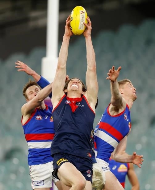 Ben Brown of the Demons marks the ball ahead of Bailey Dale and Tim English of the Bulldogs during the 2021 AFL Round 19 match between the Melbourne...